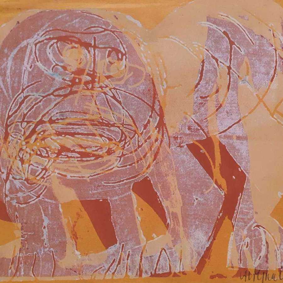 German Expressionist, Fantastical Lion Mid Century Modernist Woodcut I