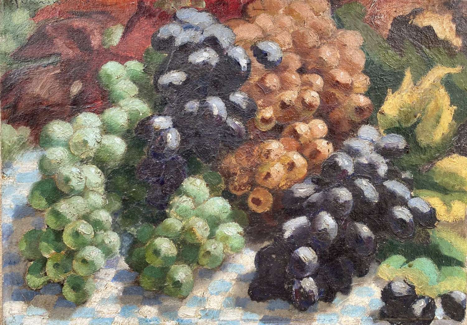 Grapes On A Chequered Tablecloth 1930 Wine And Food Lover's Still Life