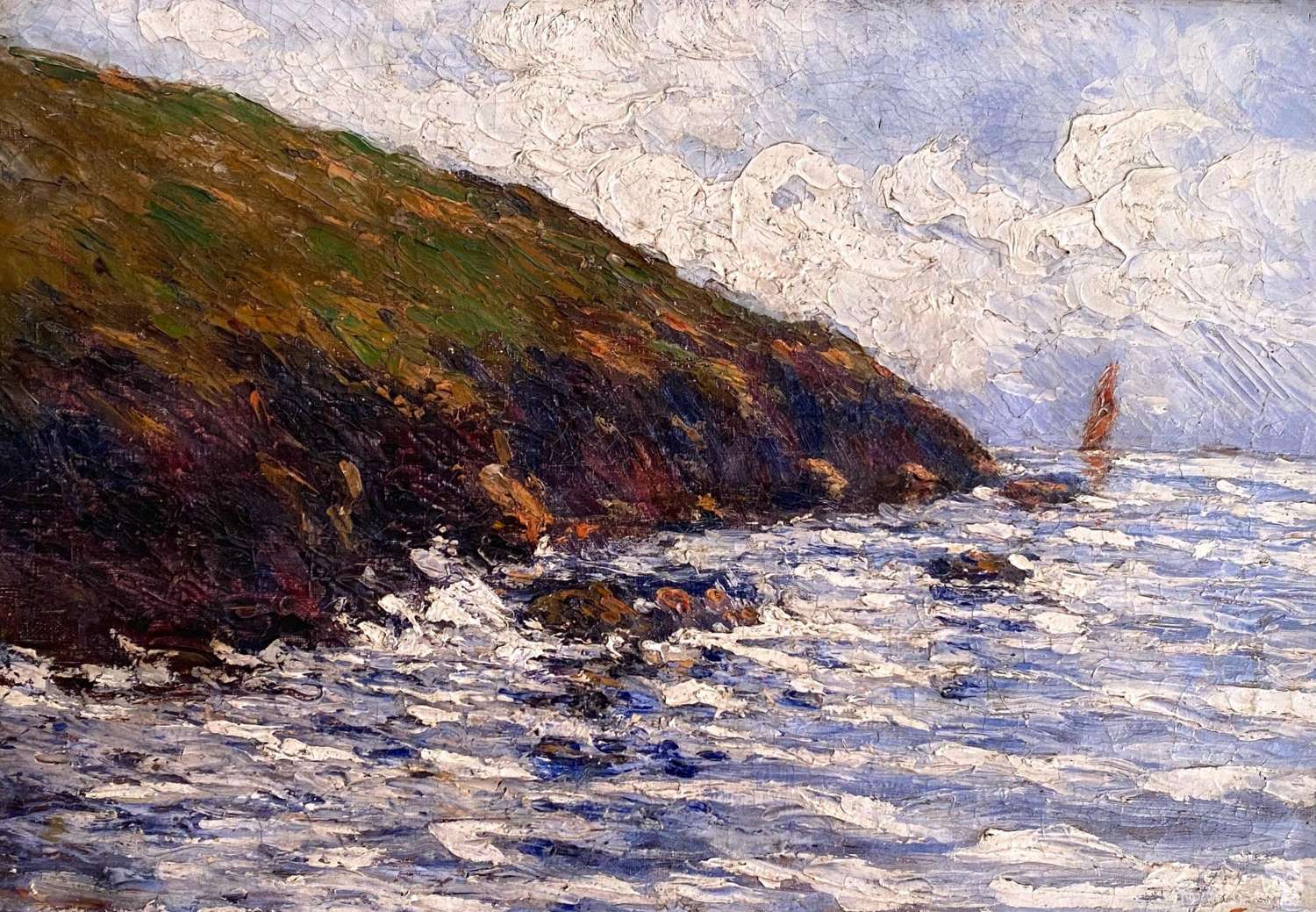 Cote D'Azur Seascape With Boat C1915 The Mediterranean Marine Painting