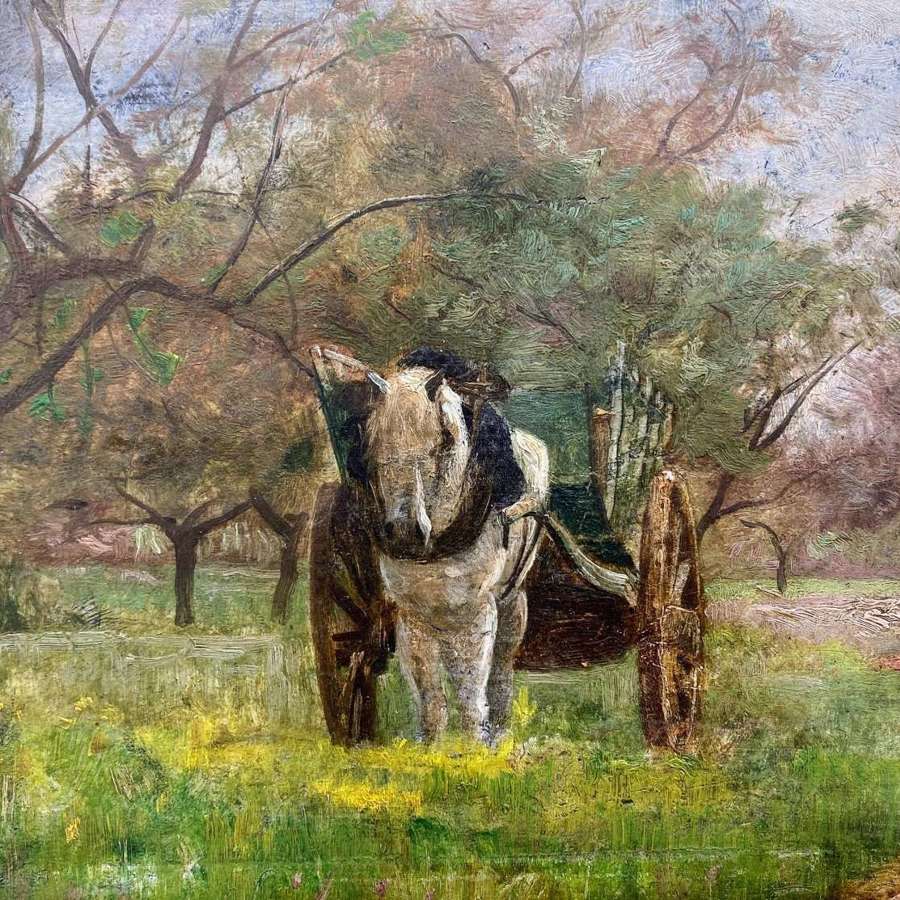 The Little White Cart Horse In Spring C1890 Equestrian Painting