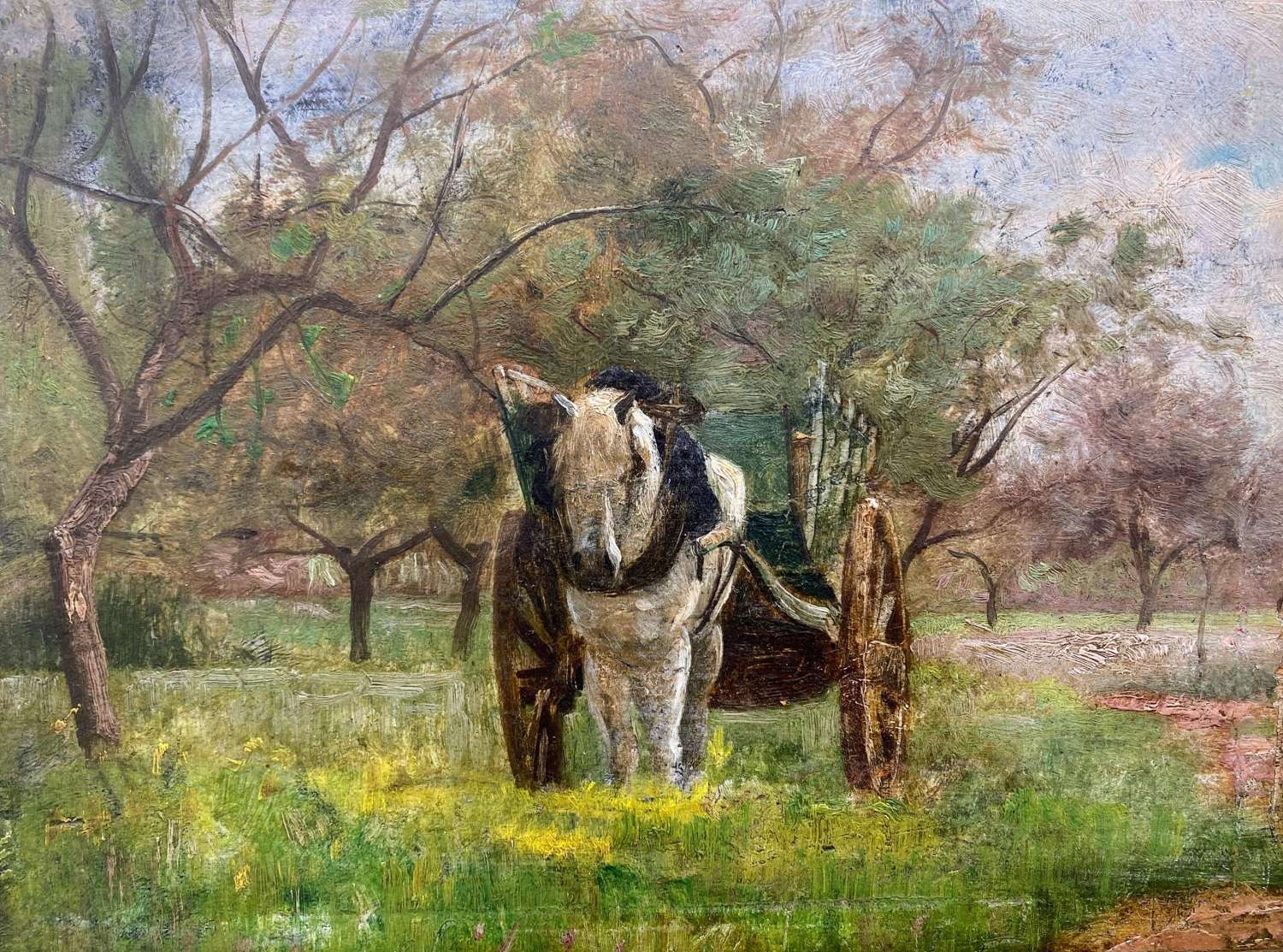 The Little White Cart Horse In Spring C1890 Equestrian Painting