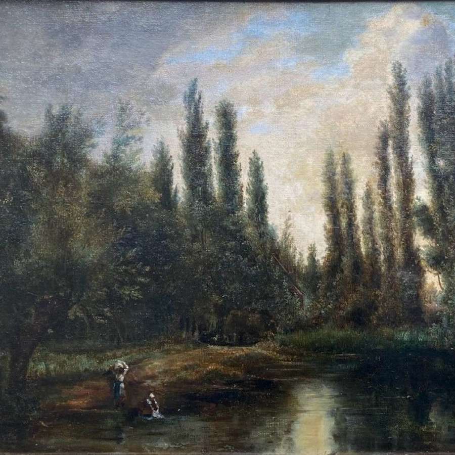 Laundry On The River, C1860 French Barbizon Landscape Painting