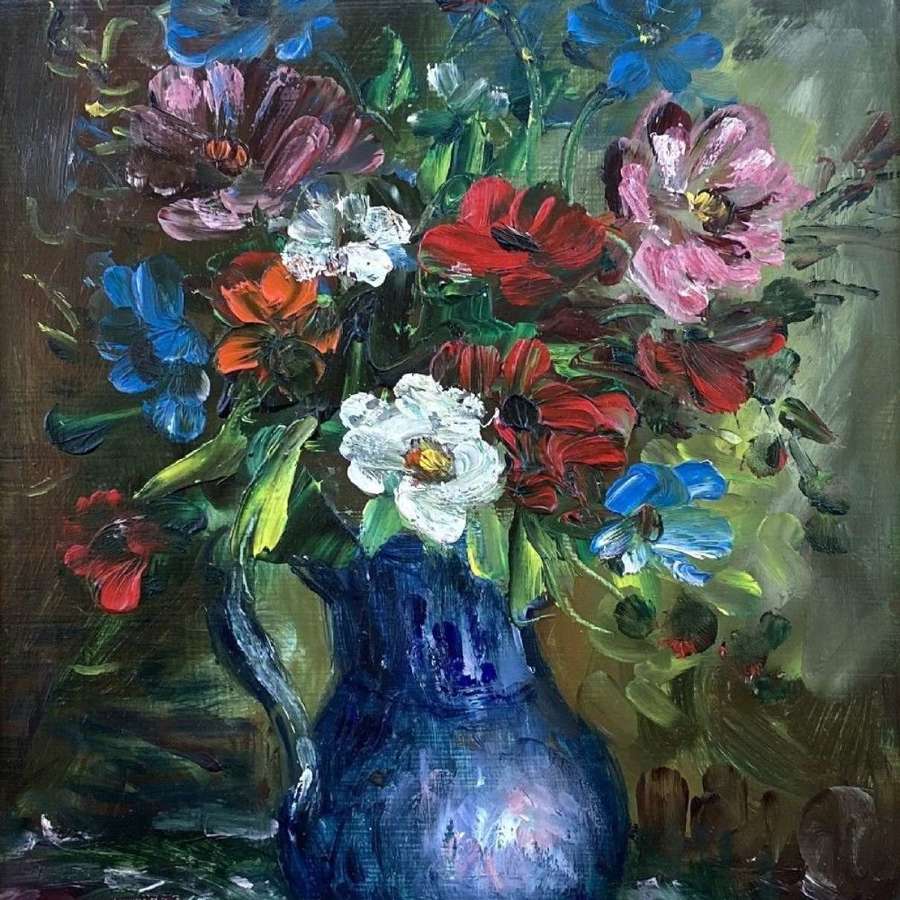 "Some Blue And Red Flowers...Blue Pot!"  Expressive Floral Still Life