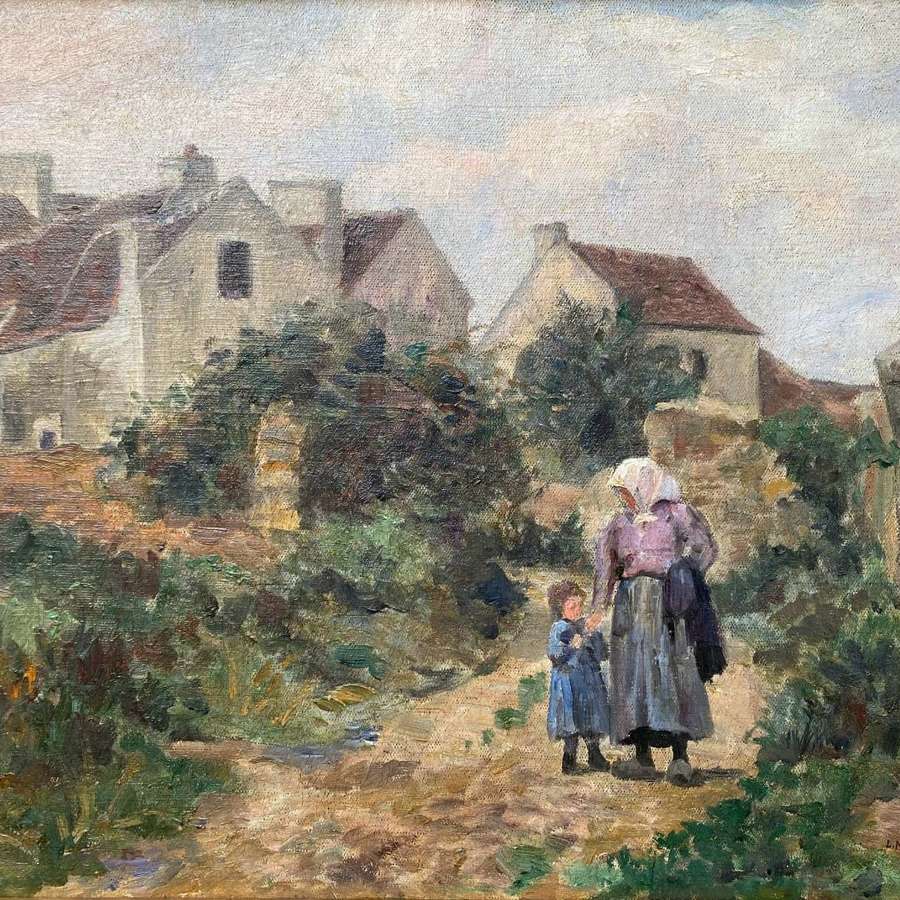 Martin: Mother And Child Village Scene 1899 French Barbizon  Landscape