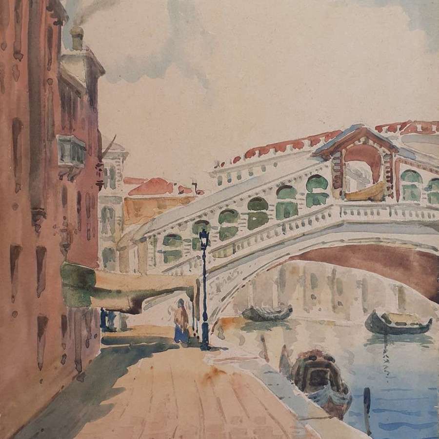 Venice, Figure Walking Along The Grand Canal 19th Century Watercolour