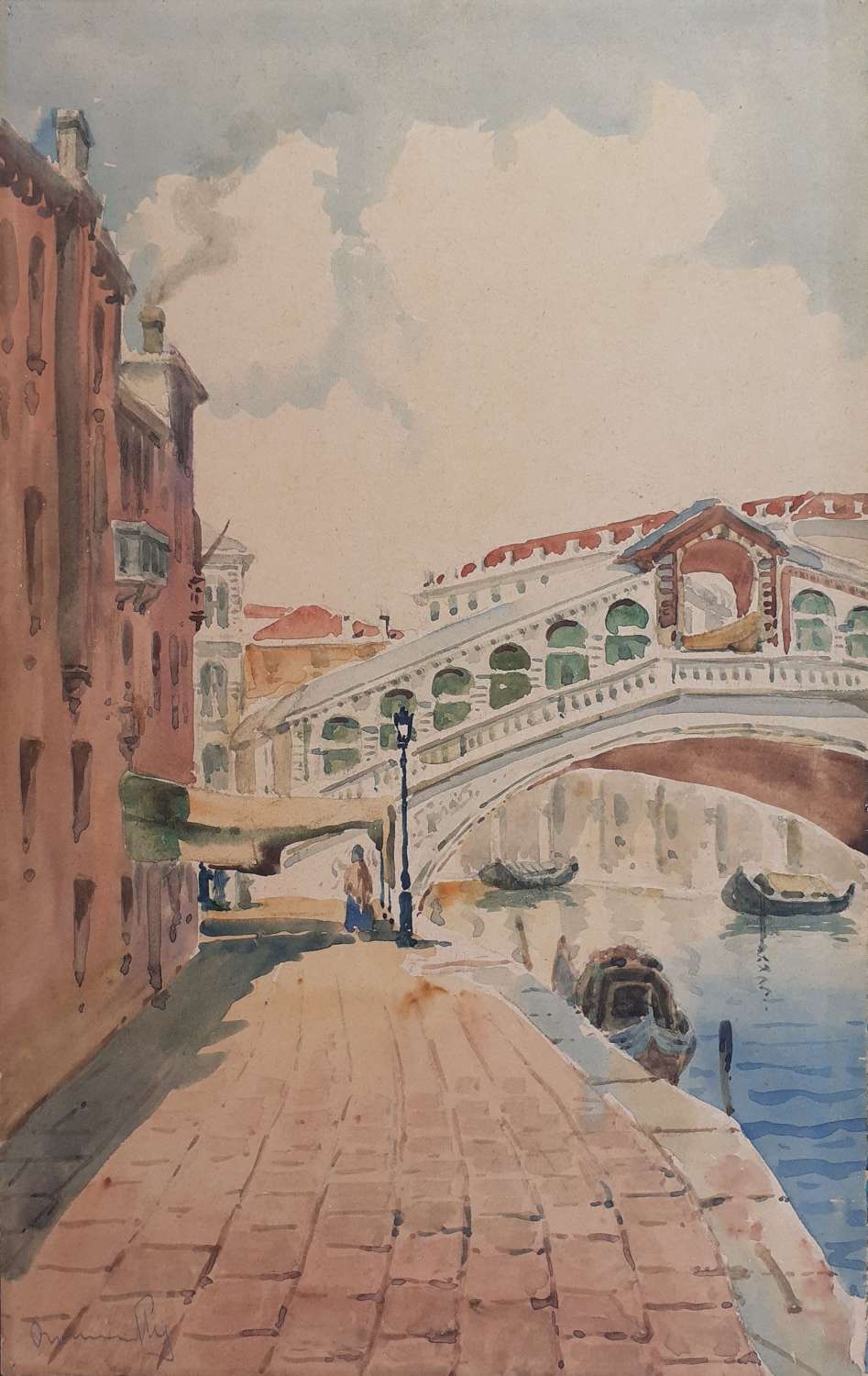 Venice, Figure Walking Along The Grand Canal 19th Century Watercolour