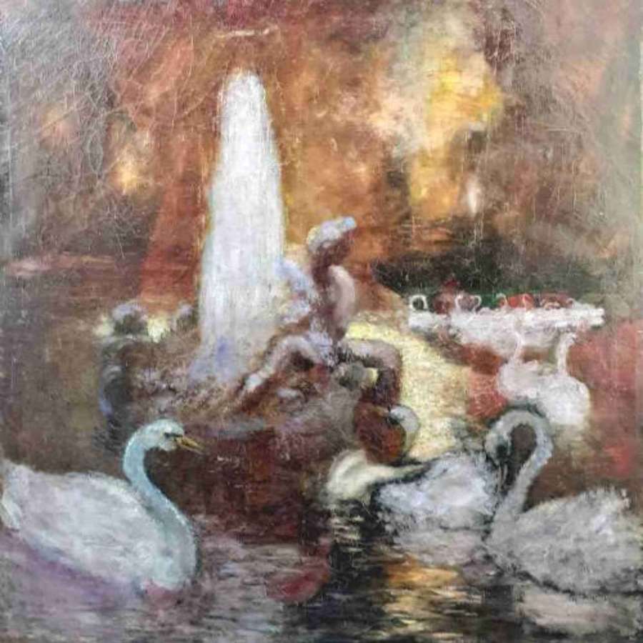 Petit: Swan Lake: A Bank Of Swans At Night Large Art Deco Painting