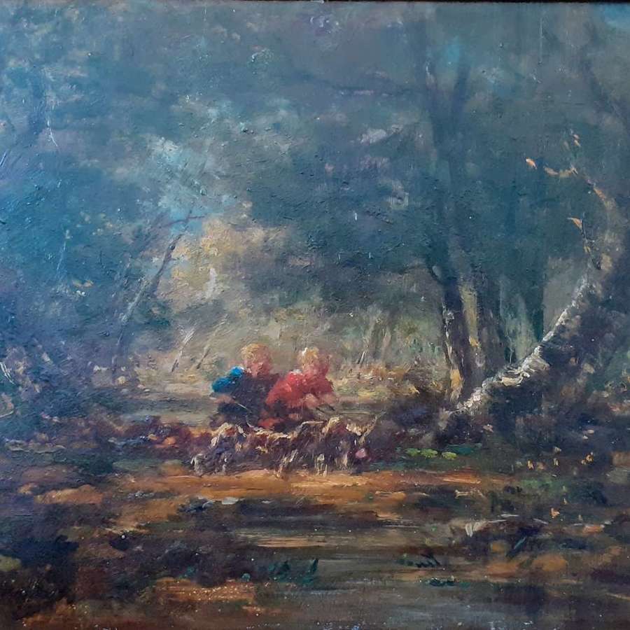 Rosalbin de Buncey: Babes In The Woods Chiaroscuro Barbizon Painting
