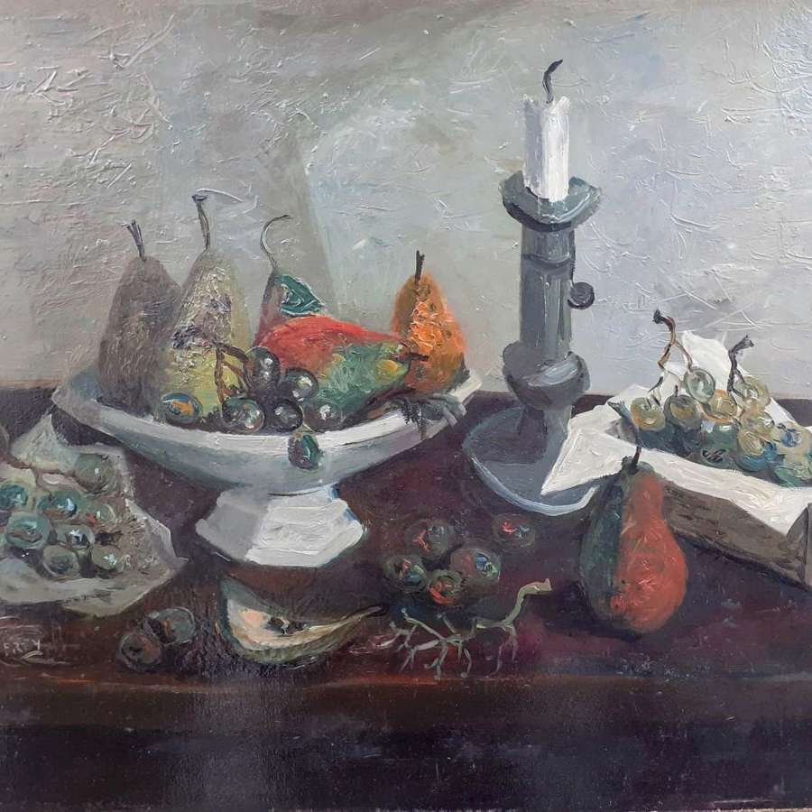 Chauffrey: Large Elegant Modernist Still Life With Fruit On A Table