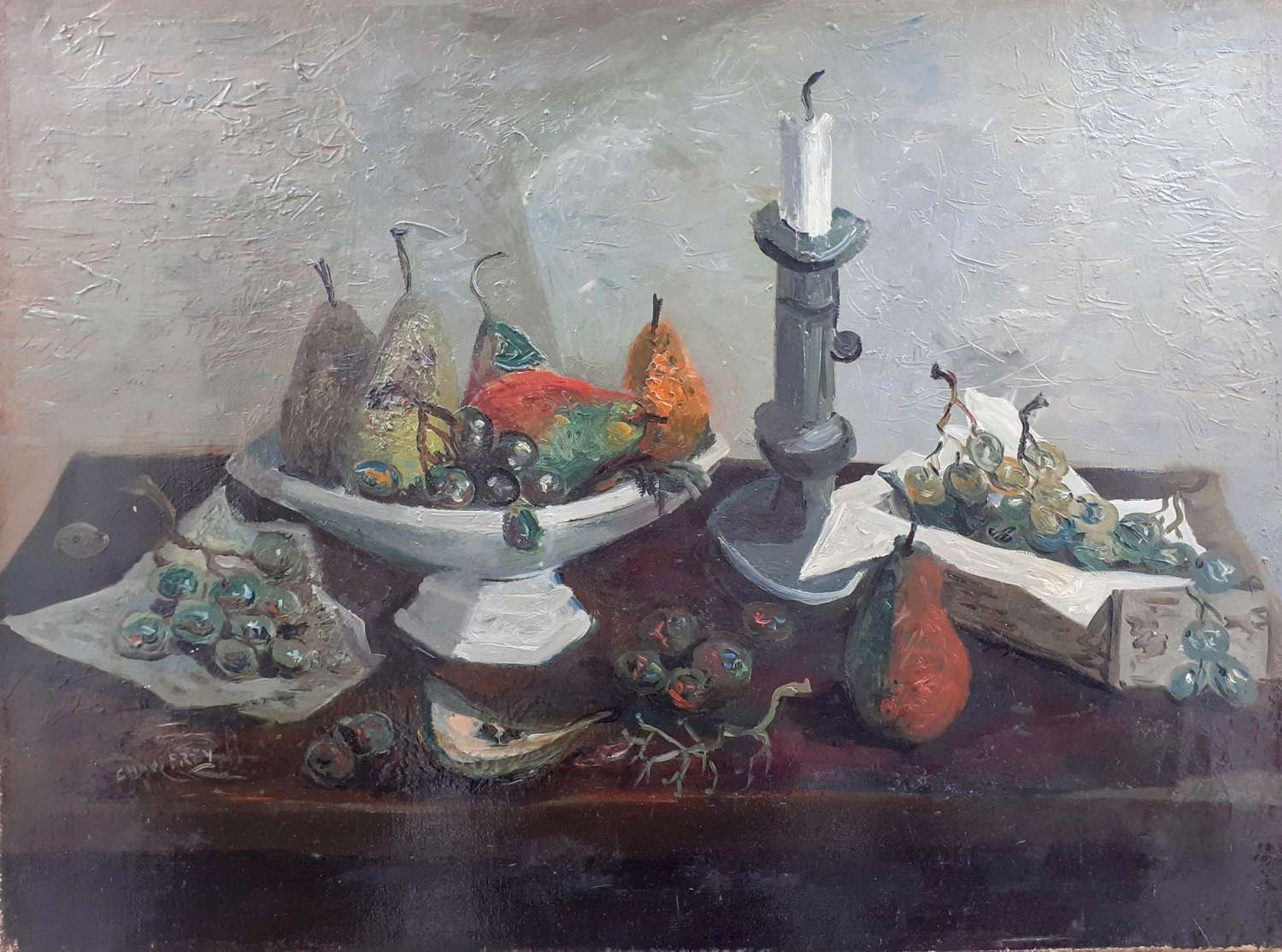 Chauffrey: Large Elegant Modernist Still Life With Fruit On A Table