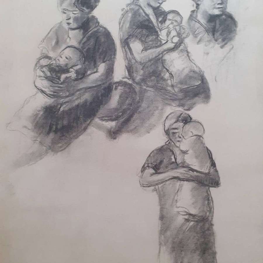 Studies Of Motherhood, Art Deco Period Drawing Mother And Baby