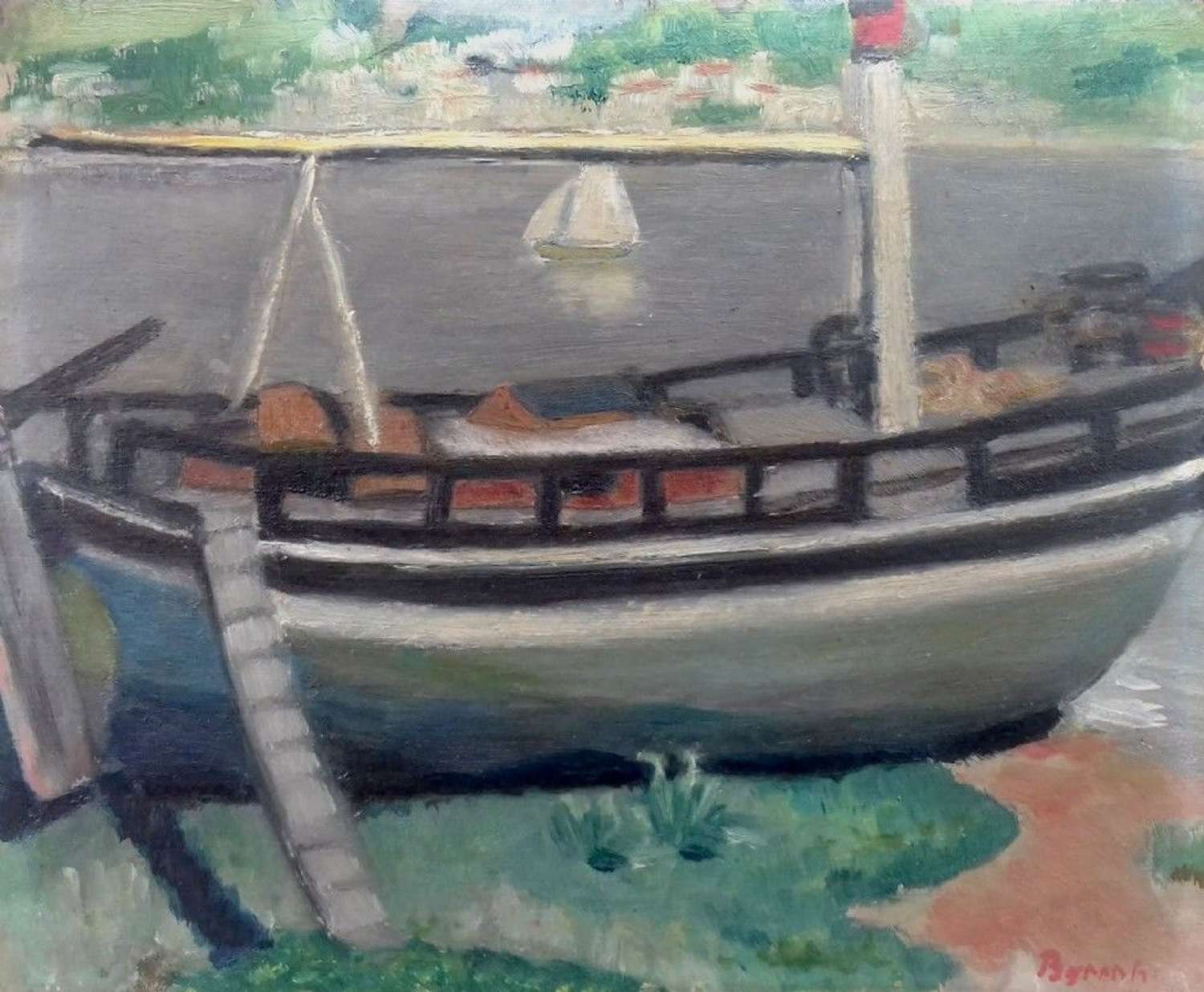 The Moored Boat, River Landscape  French Art Deco Period ca.1930