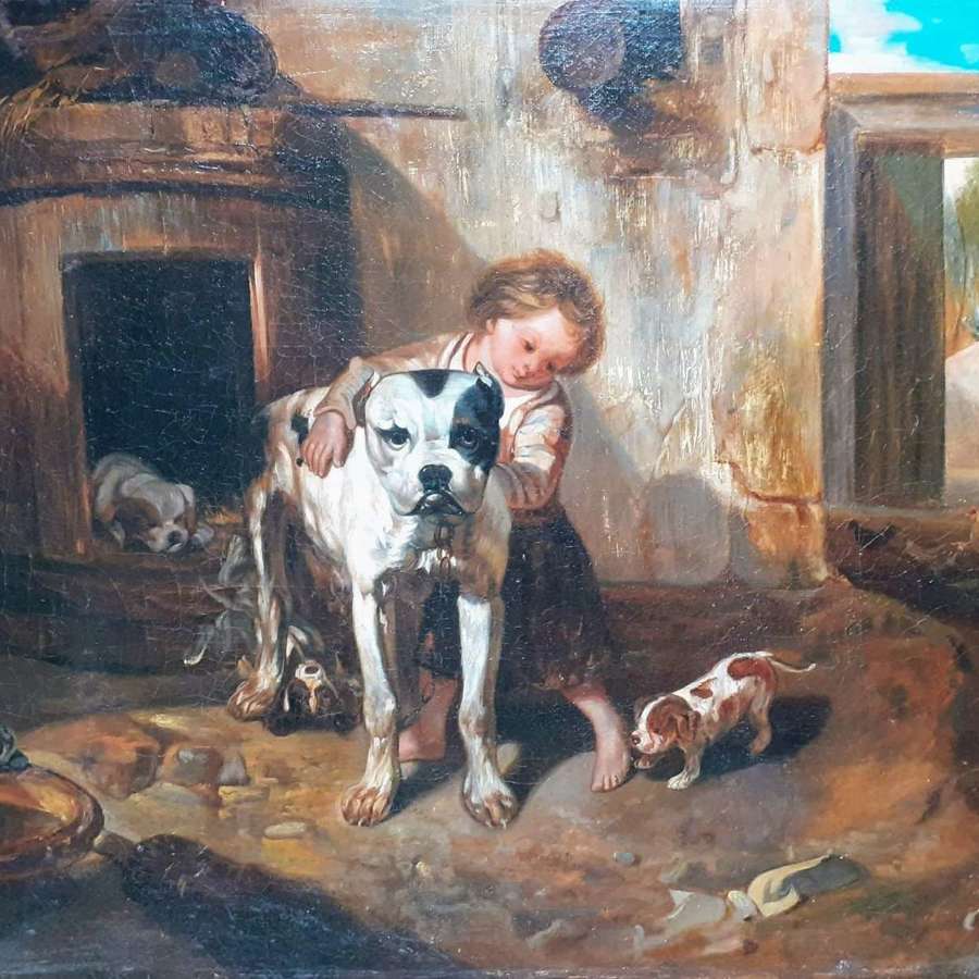 Mother Dogue And Her Pups,19th Century Dog Painting Barbizon School