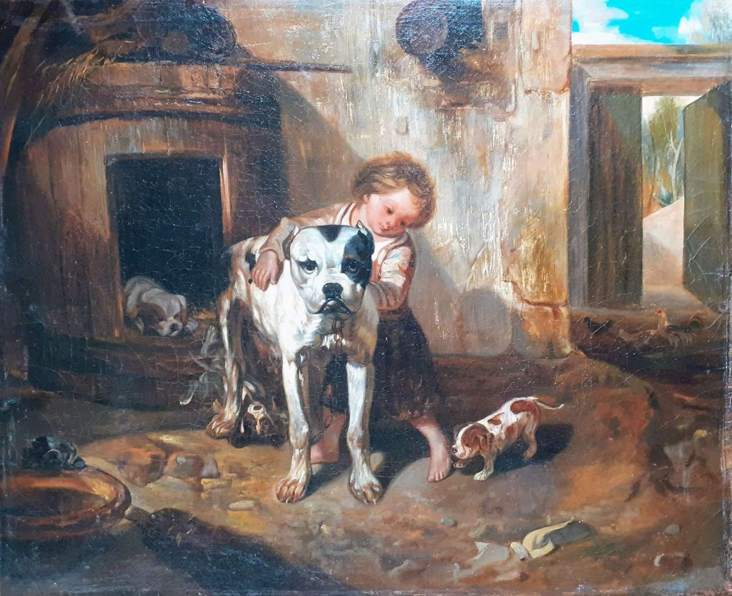 Mother Dogue And Her Pups,19th Century Dog Painting Barbizon School