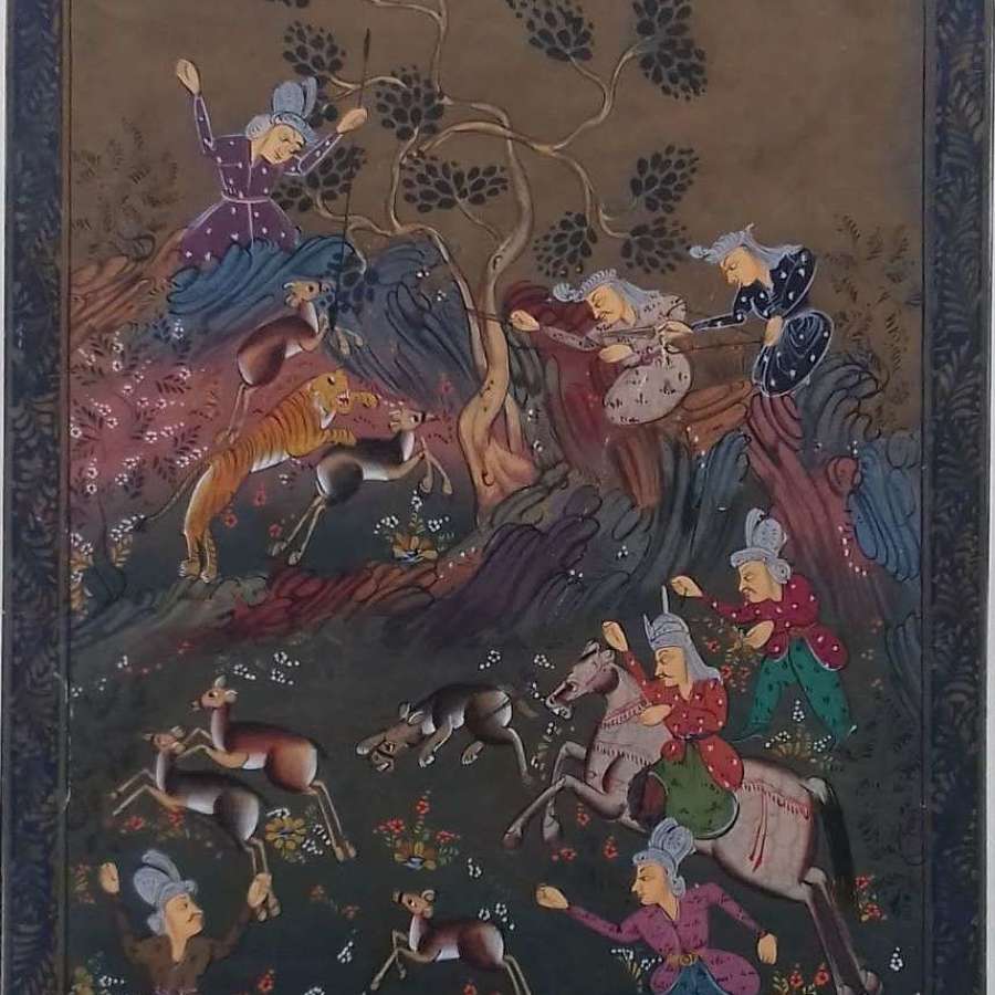 Hunting Scene, Antique Persian Miniature Painting Gouache On Paper