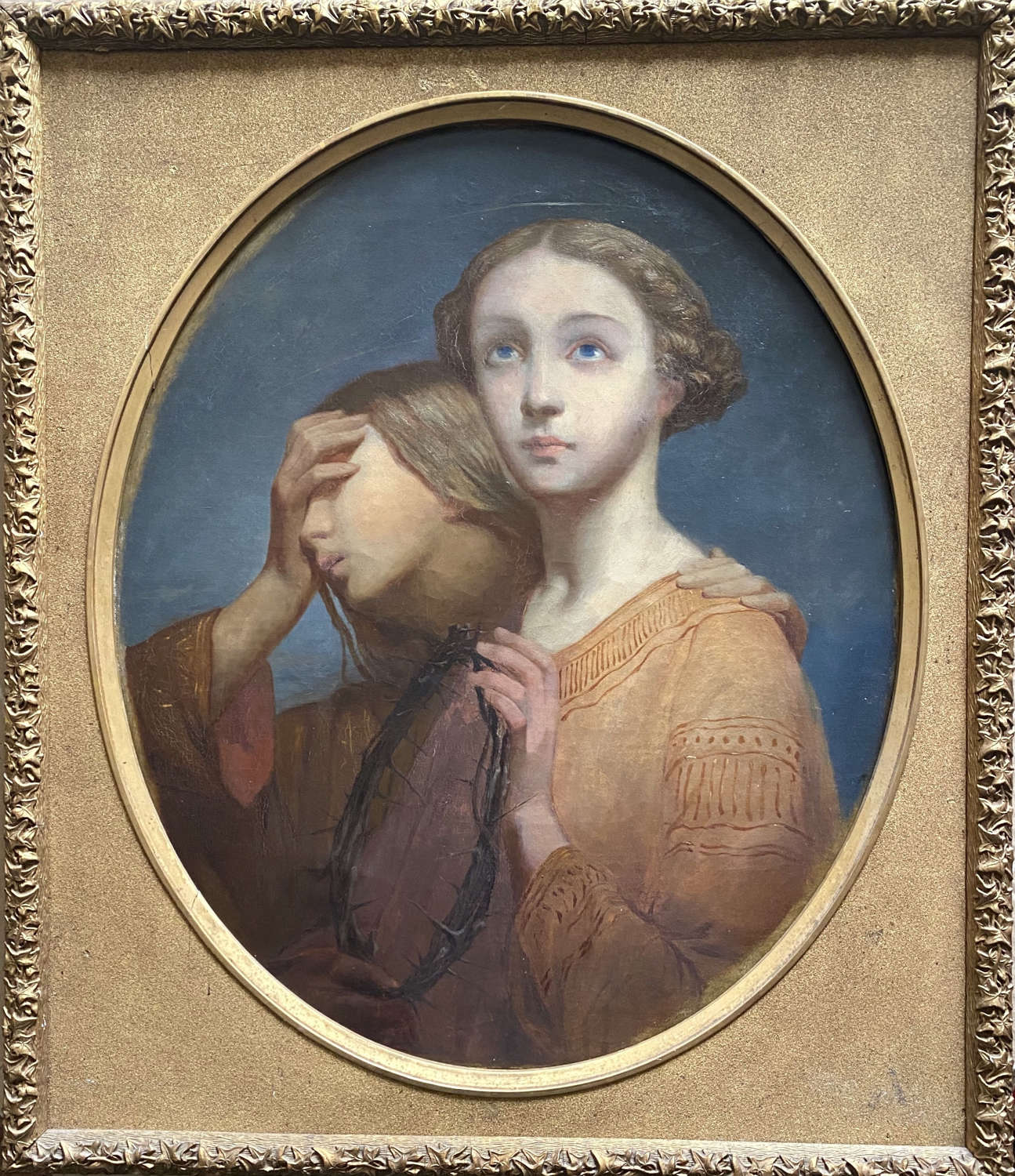 Two young girls, crown of thorns: mystic symbolist religious painting