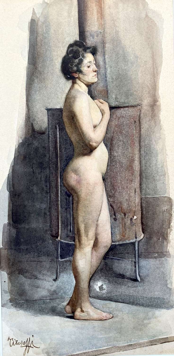 Lessi: Artist's Model warming herself by the Stove Italian Art Nouveau