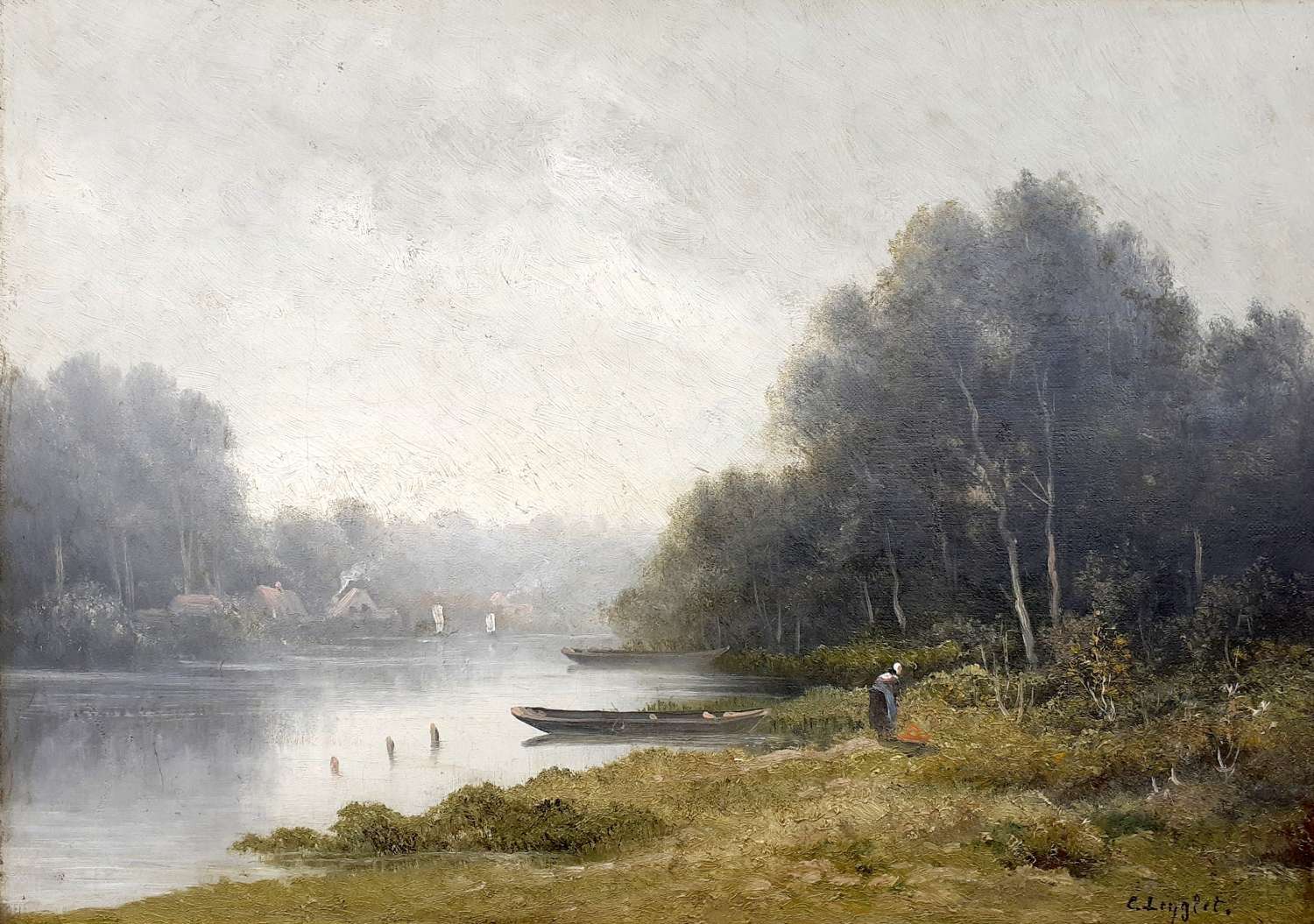 Lenglet: Mist on the River in Spring c1850 Barbizon landscape