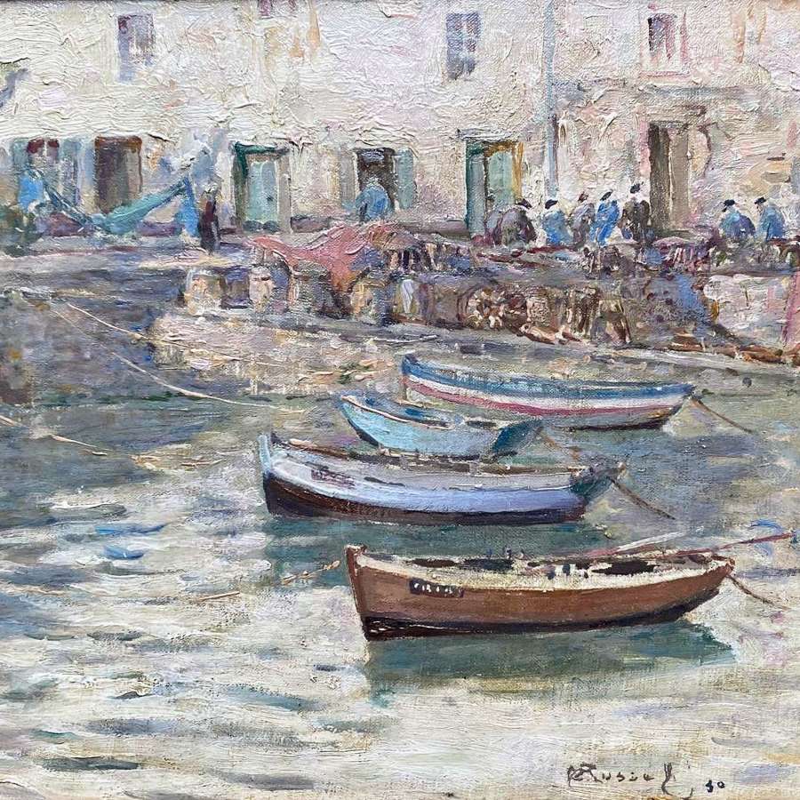 Walter Russell RA: Bustling Harbour Scene 1930 Normandy oil painting